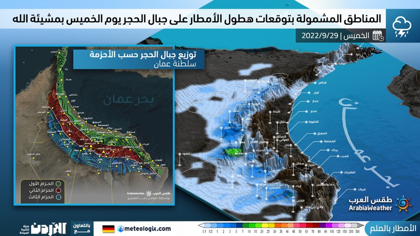 سلطنة عُمان | تجدد الأمطار الرعدية على جبال الحجر و المناطق المجاورة يوم الخميس و تنبيه من جريان الأودية في بعض المناطق