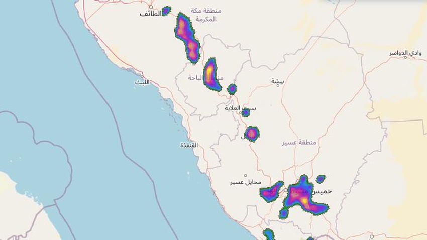 Arabie Saoudite - Mise à jour 3h30 de l&#39;après-midi : orages dans plusieurs parties d&#39;Asir, Al Baha et au sud de Taif