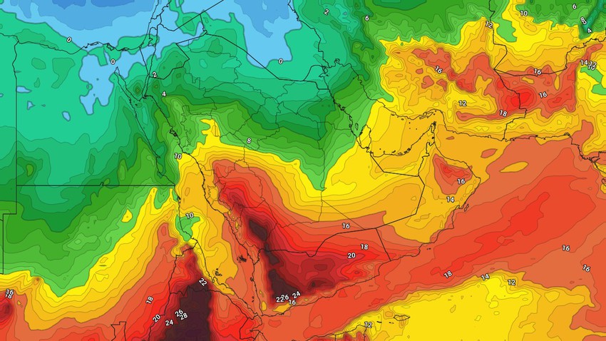Friday: an additional deepening of the cold air mass over large parts of Saudi Arabia