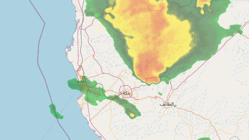 Mise à jour 6h30 : Observation de cellules de cumulus accompagnées de pluie d&#39;intensité variable, direction Makkah Al-Mukarramah