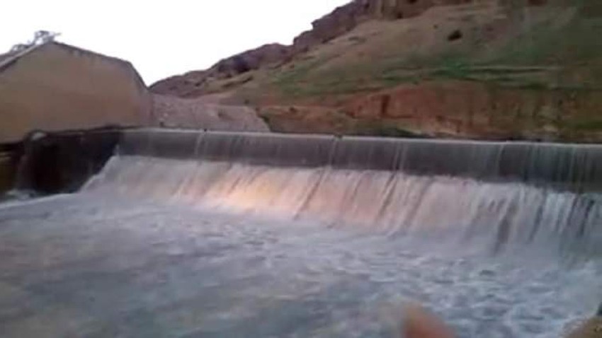 The flood of Wadi Shuaib dam after it was filled with a capacity of 1.7 million cubic meters