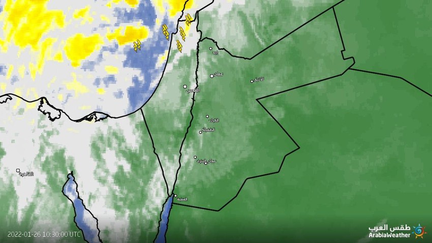 الأردن - تحديث الساعة 1:20 بعد الظهر | بدء تكاثر السُحب الركامية وزخات عشوائية من المطر والبَرَد تكون على شكل زخات ثلجية متقطعه في قمم الجبال الشمالية والجنوبية