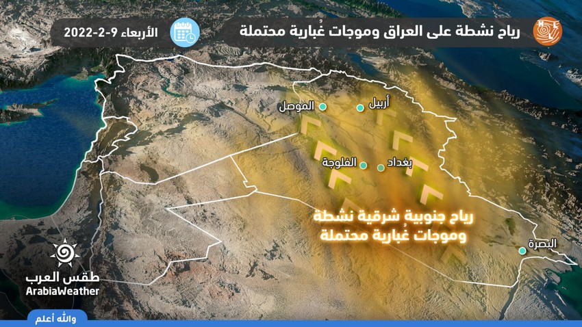 العراق | رياح جنوبية شرقية نشطة السرعة الأربعاء وتنبيه من احتمالية تشكل الموجات الغُبارية على مناطق عِدة 