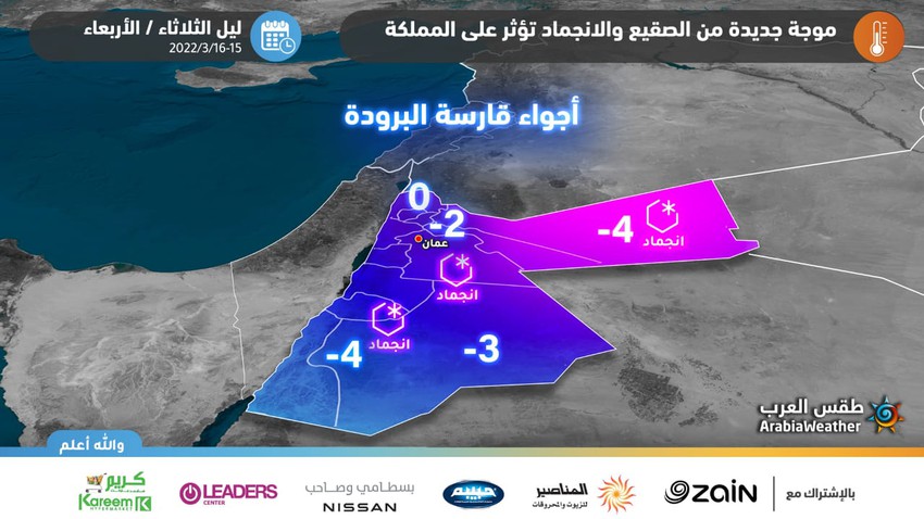 Jordanie | Les températures chutent en dessous de zéro degré Celsius et alerte de gel et de gel le mardi/mercredi soir