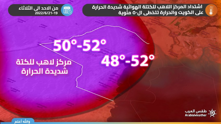 النشرة الأسبوعية للكويت | اشتداد المركز اللاهب للكتلة الهوائية شديدة الحرارة ودرجات الحرارة تفوق ال50 مئوية في بعض المناطق