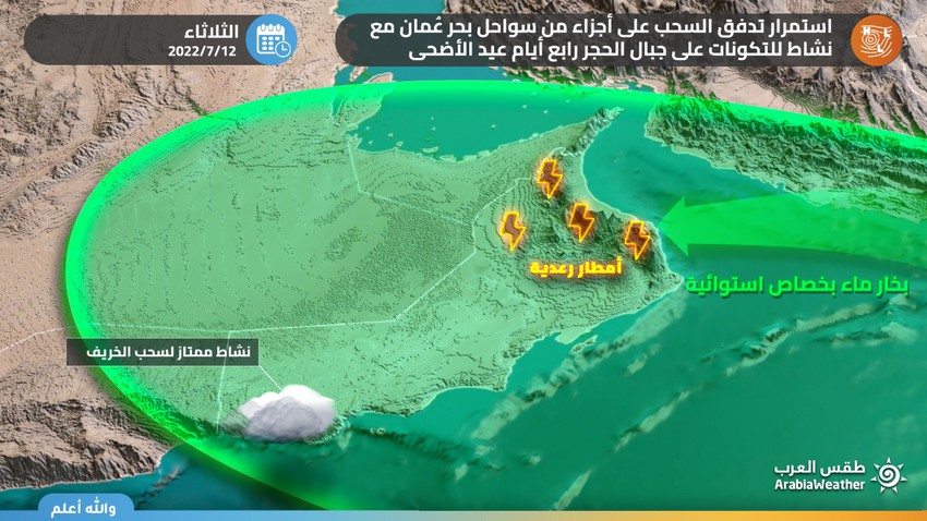 سلطنة عُمان | استمرار تدفق السحب على أجزاء من سواحل بحر عُمان مع نشاط للتكونات على جبال الحجر رابع أيام عيد الأضحى (الثلاثاء)