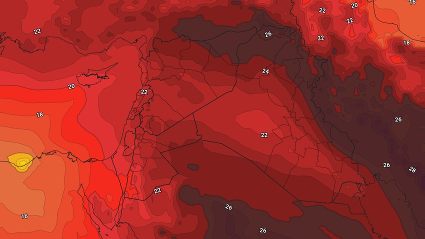 العراق - نهاية الأسبوع | استمرار تأثير الكُتلة الهوائية الأقل حرارة ونشاط للرياح المُثيرة للغُبار في بعض المناطق 
