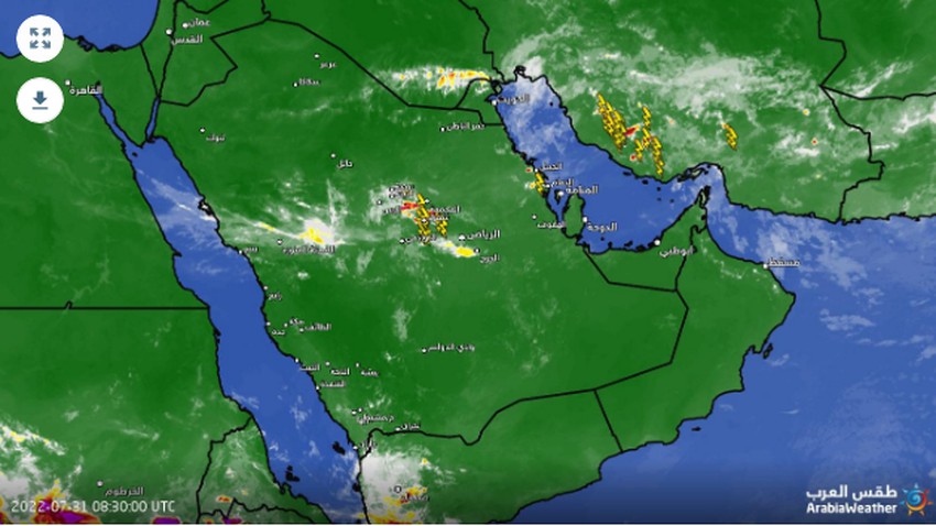Arabie Saoudite - 12h15 | Le début de l&#39;expansion de l&#39;activité orageuse dans le ciel de la région de Riyad, et l&#39;attention se dirige vers la capitale