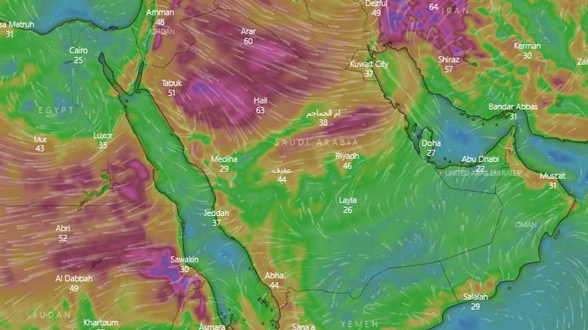 السعودية | رياح نشطة وموجات غبار متفاوتة الشدة في العديد من المناطق خلال النصف الثاني من هذا الأسبوع