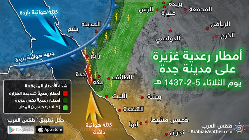 أمطار رعدية غزيرة على مدينة جدة يوم الثلاثاء وتحذيرات مهمة طقس العرب