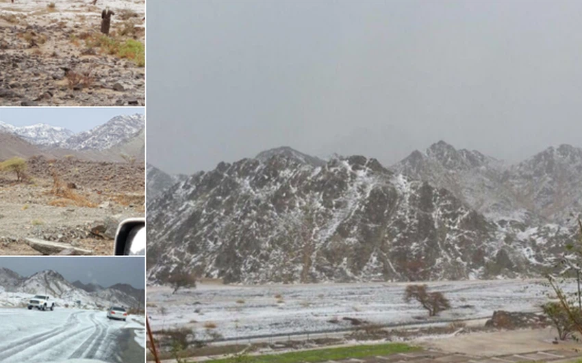صور نادرة.. جبال الإمارات ترتدي الحلة البيضاء بعد تساقط البرد 
