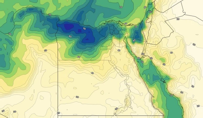 الرطوبة السطحية المؤثرة علي مصر مع ساعات الليل المتأخرة من يوم الأثنين