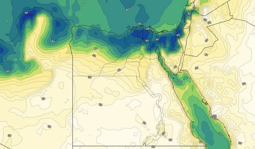 الرطوبة السطحية على شمال مصر مساء الاربعاء الرابع والعشرين من يوليو