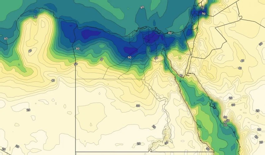 الرطوبة السطحية على شمال مصر يوم الاربعاء التاسع من يوليو