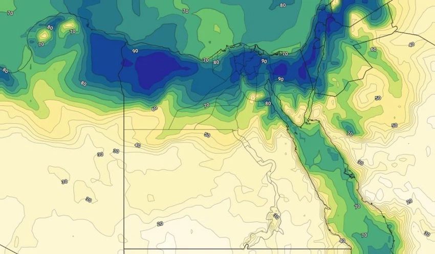 الرطوبة السطحية مع ساعات المساء من يوم السبت 26-7-2019
