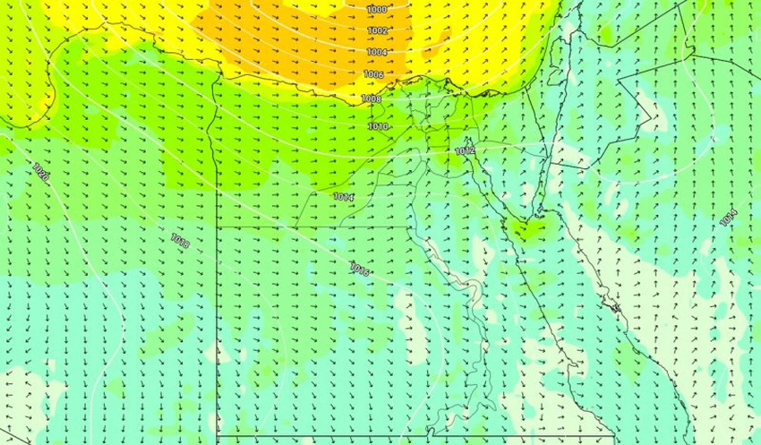 الضغط الجوي والرياح السطحية خلال منتصف الاسبوع