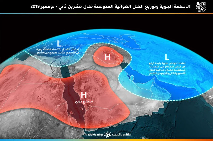 شبه الجزيرة العربية  شبه الجزيرة العربية  حالات جوية ماطرة بشكل تدريجي خلال الشهر تشمل مدن هامة وموجات برد في الثلث الأخير منه