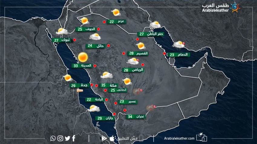 حالة الطقس ودرجات الحرارة في بعض المدن السعودية نهار يوم الخميس 21-3-2019
