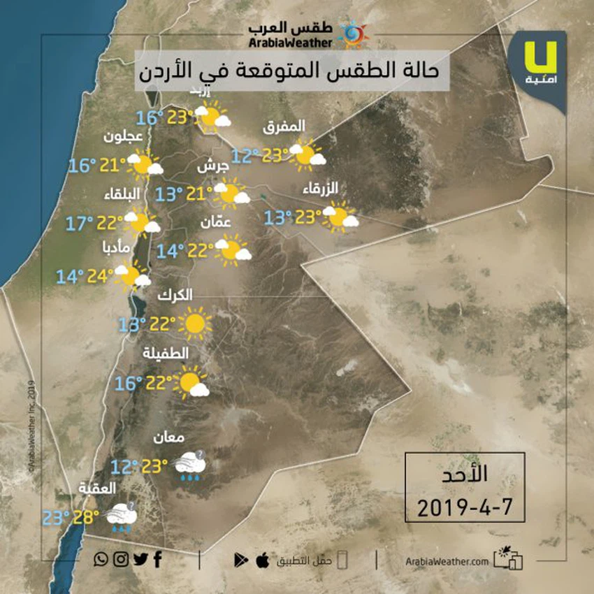 درجات الحرارة العظمى والصغرى المتوقعة في محافظات المملكة يوم الأحد 7-4-2019