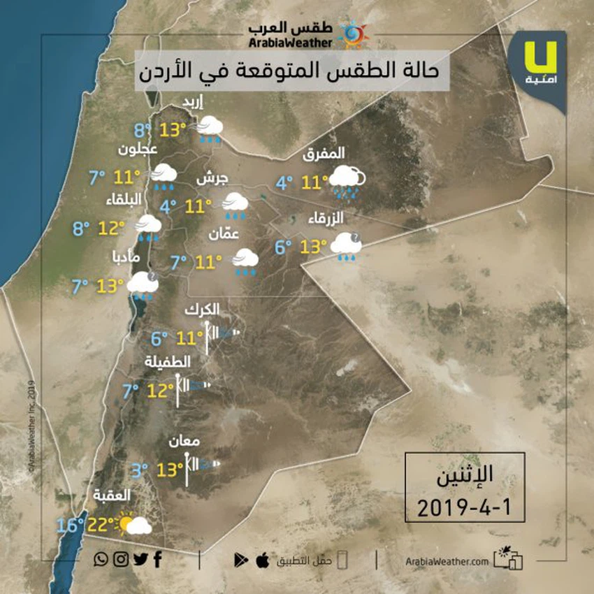 درجات الحرارة العظمى والصغرى المتوقعة في محافظات المملكة يوم الأحد 31-3-2019