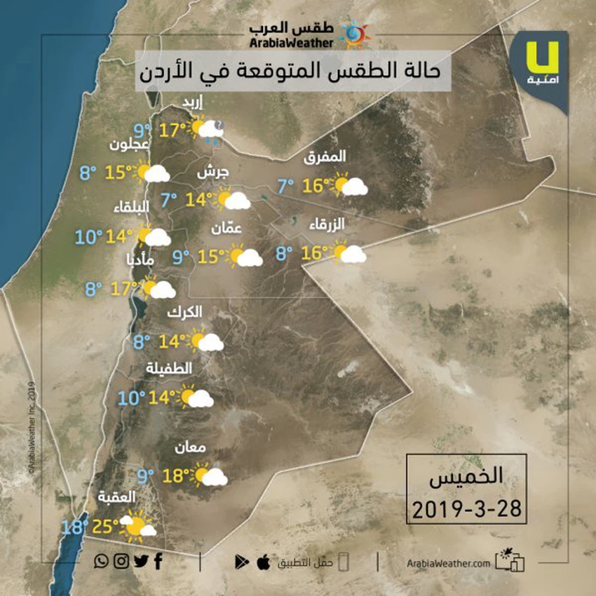 درجات الحرارة في محافظات المملكة يوم الخميس 28-3-2019