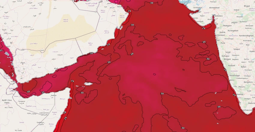طقس العرب - درجات حرارة سطح المياه في بحر العرب