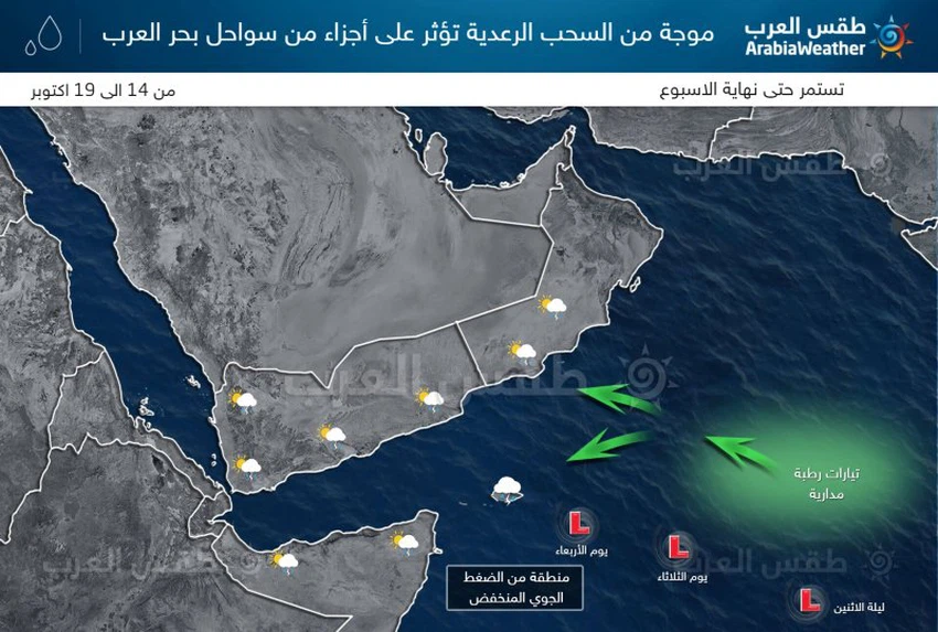 اضطرابات بحر العرب .. توقعات باستمرار السحب الرعدية حتى نهاية الاسبوع