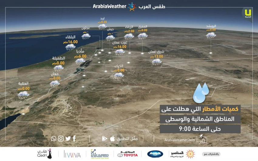 كميات الهطول المطري حتى  الساعة 9:00 صباح يوم الأربعاء 27-2-2019