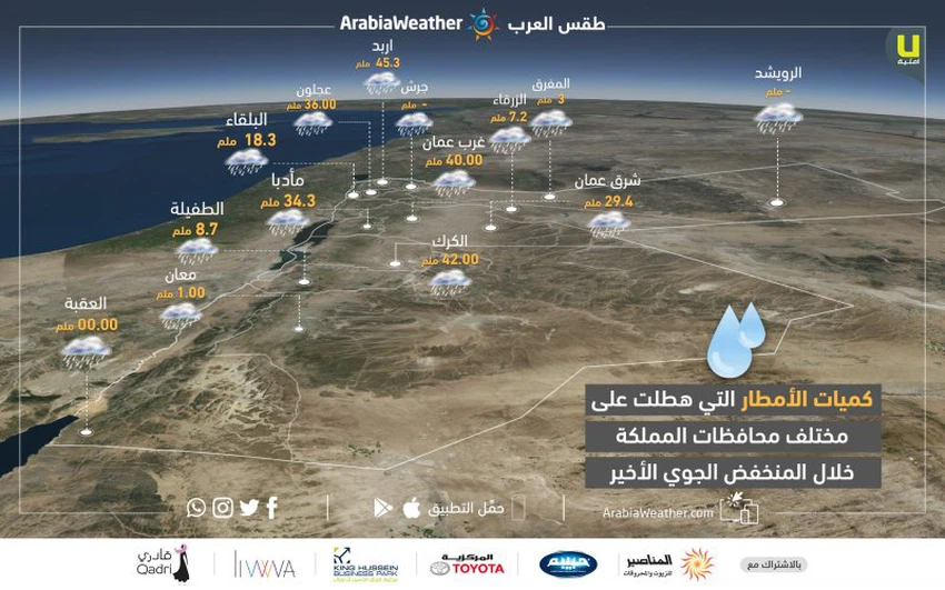 كميات الهطول المطري خلال هذا المنخفض الجوي في مختلف محافظات المملكة بحسب محطات طقس العرب المتوفرة حالياً