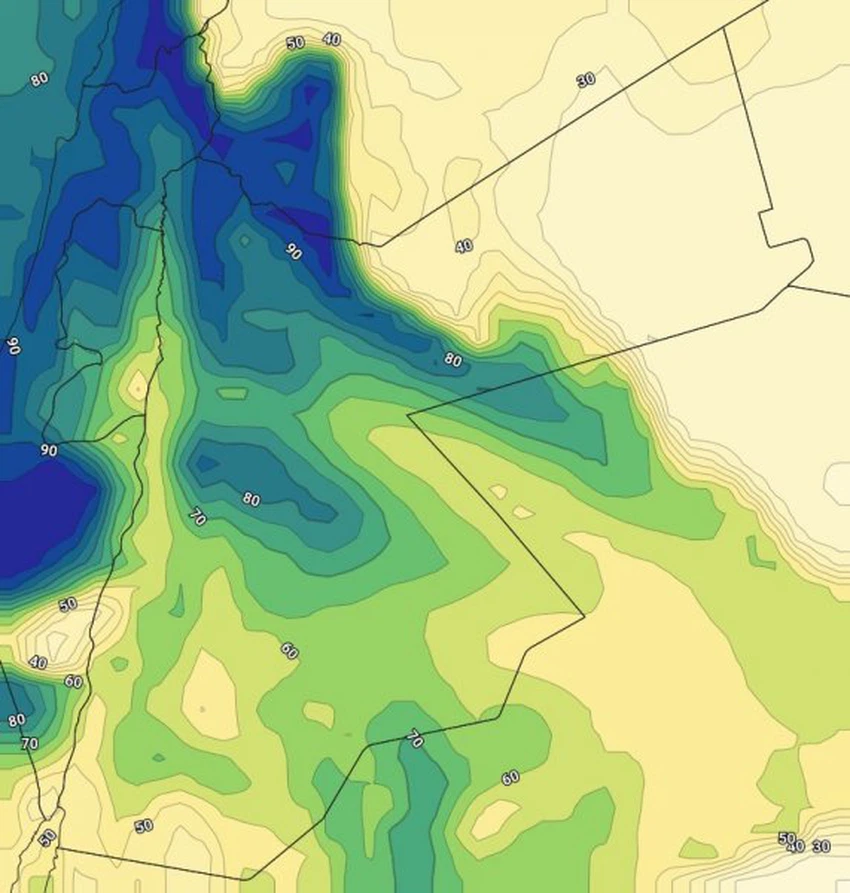الخارطة توضح وصول نسبة الرطوبة لما يقارب 90٪  خلال ساعات الليل