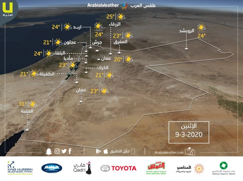 الأردن | حالة الطقس ودرجات الحرارة المتوقعة ليوم الإثنين 9/3/2020