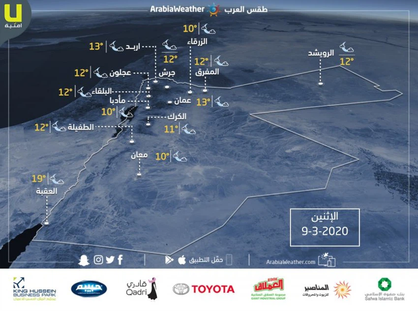 الأردن | حالة الطقس ودرجات الحرارة المتوقعة ليوم الإثنين 9/3/2020
