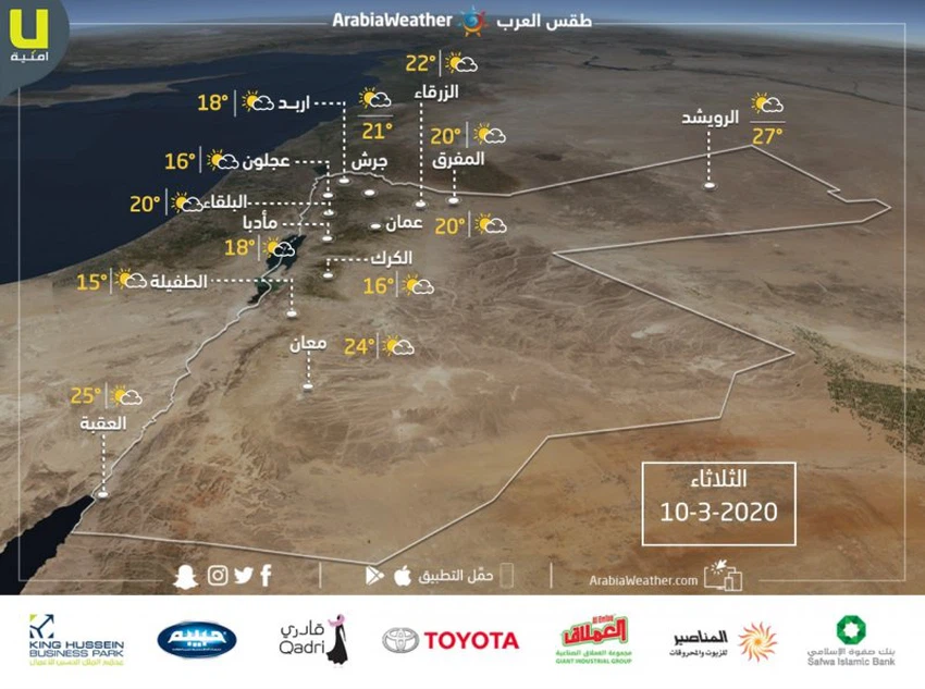 حالة الطقس ودرجات الحرارة المتوقعة ليوم الثلاثاء 10/3/2020