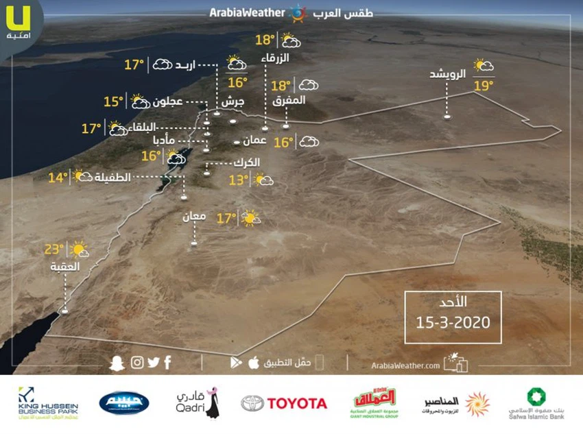 حالة الطقس ودرجات الحرارة المتوقعة  في الأردن ليوم الأحد 15/3/2020
