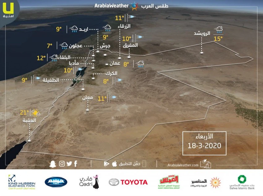 حالة الطقس ودرجات الحرارة المتوقعة ليوم الأربعاء 18/3/2020