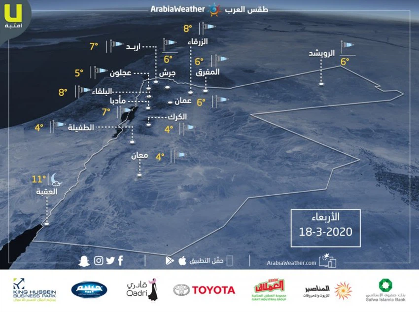 حالة الطقس ودرجات الحرارة المتوقعة ليوم الأربعاء 18/3/2020