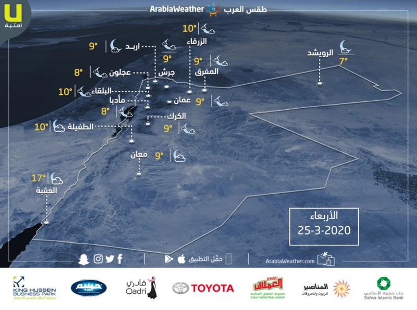 الأردن | حالة الطقس ودرجات الحرارة المتوقعة ليوم الأربعاء 25/3/2020