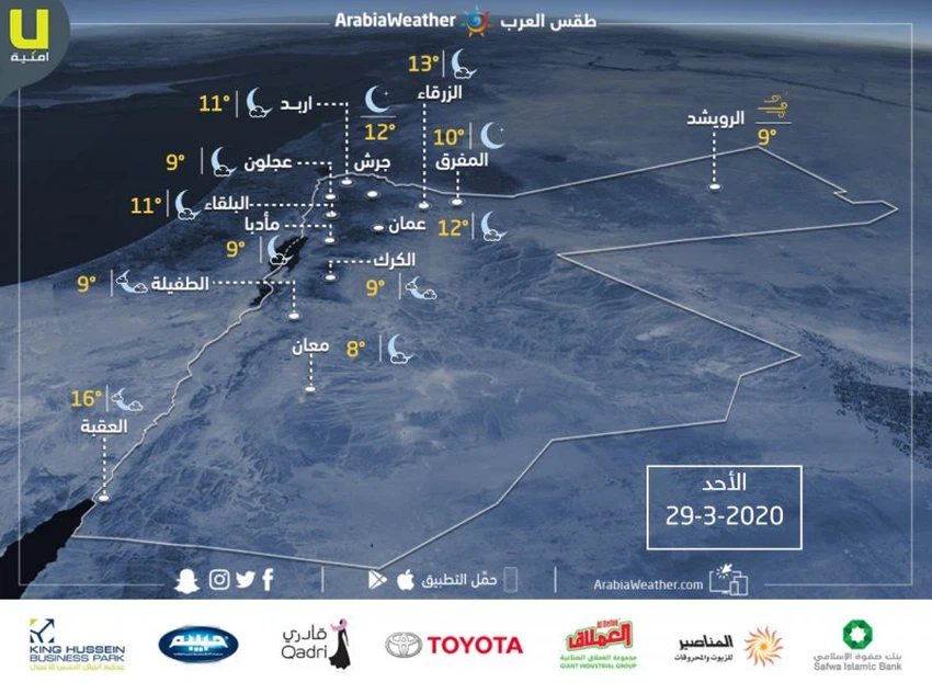 حالة الطقس ودرجات الحرارة المتوقعة في الأردن  ليوم الأحد 29/3/2020