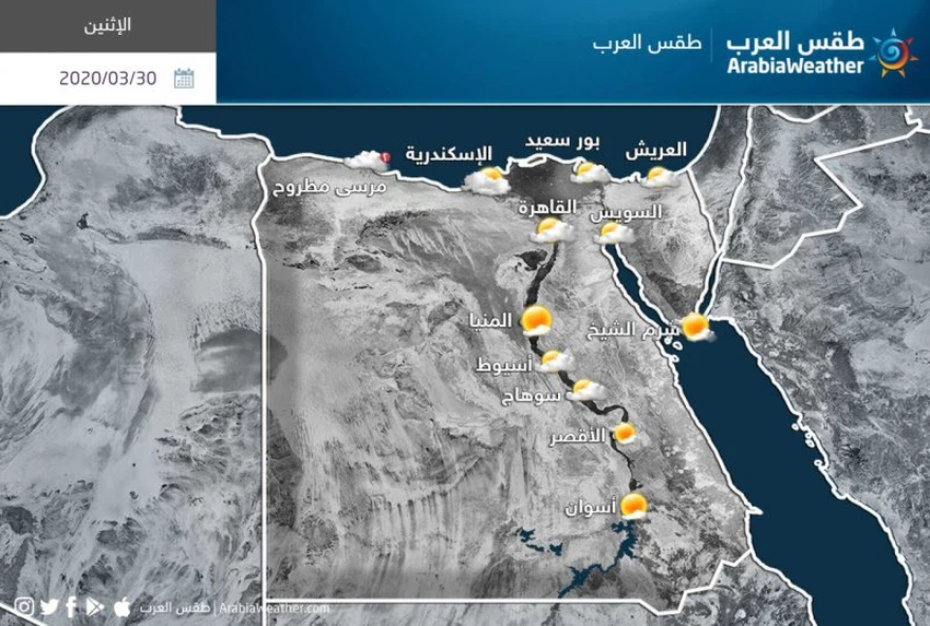 مصر | حالة الطقس ودرجات الحرارة المتوقعة يوم الإثنين 2020/3/30
