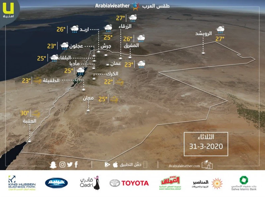 الأردن | حالة الطقس ودرجات الحرارة المتوقعة ليوم الثلاثاء 31/3/2020