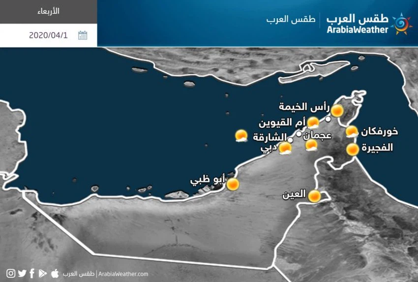 الإمارات| حالة الطقس ودرجات الحرارة المتوقعة ليوم الأربعاء 1/4/2020
