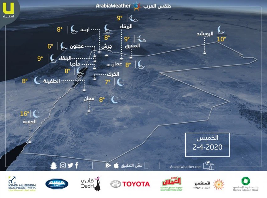 الأردن | حالة الطقس ودرجات الحرارة المتوقعة ليوم الخميس 2/4/2020