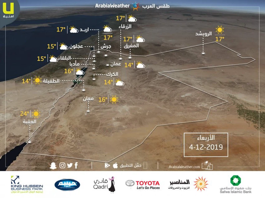 الأردن | حالة الطقس ودرجات الحرارة العظمى والصغرى المتوقعة يوم الأربعاء 4/12/2019