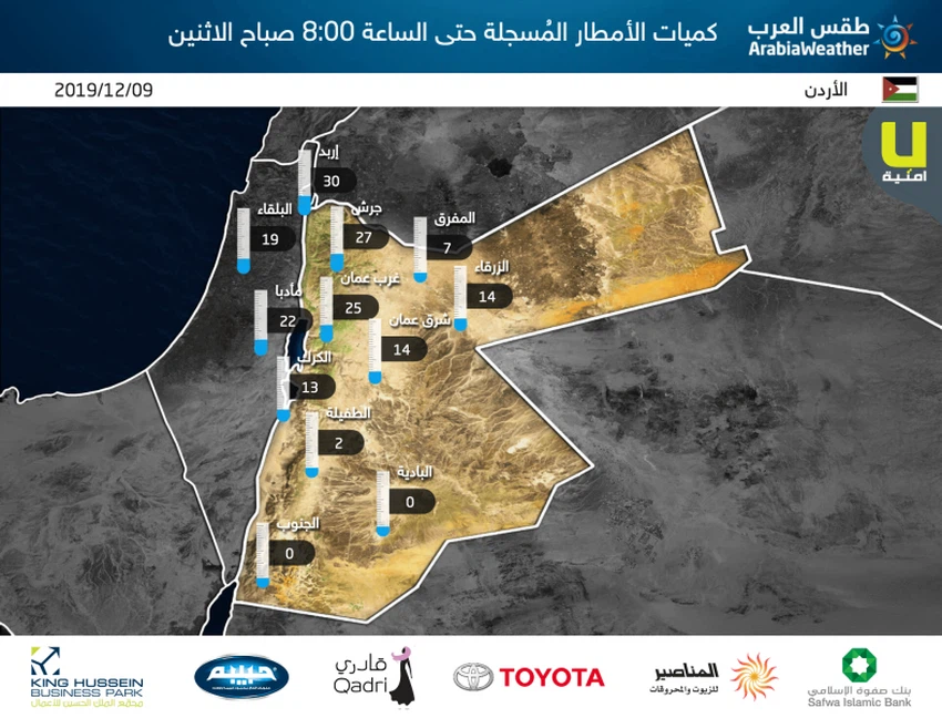كميات الأمطار المسجلة بحسب محطات طقس العرب خلال 24 ساعة الماضية